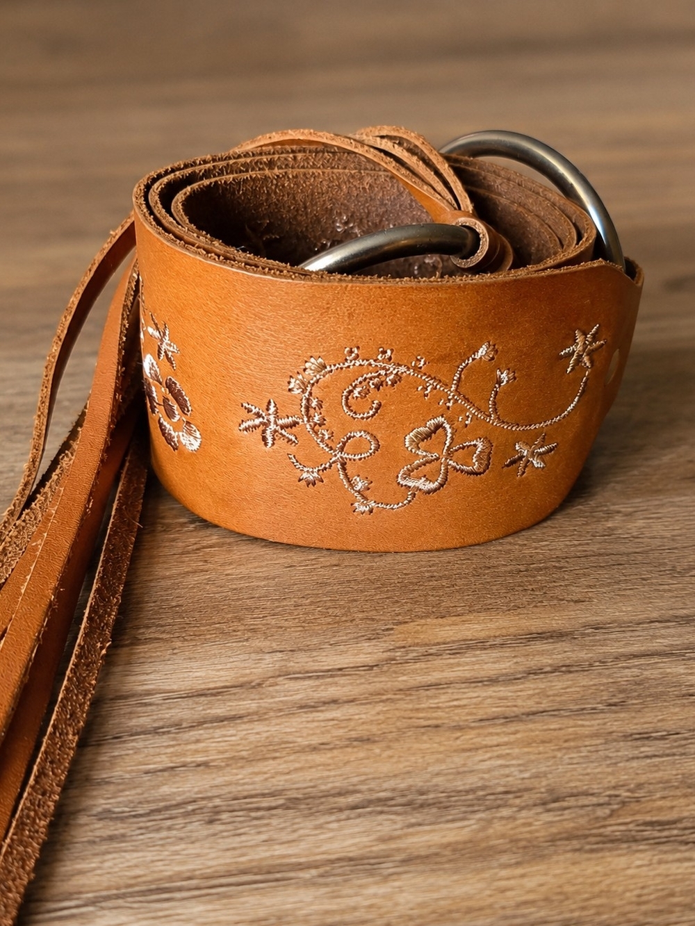 Boho Embroidered Tan Leather Double-Ring Belt w/Tassels!